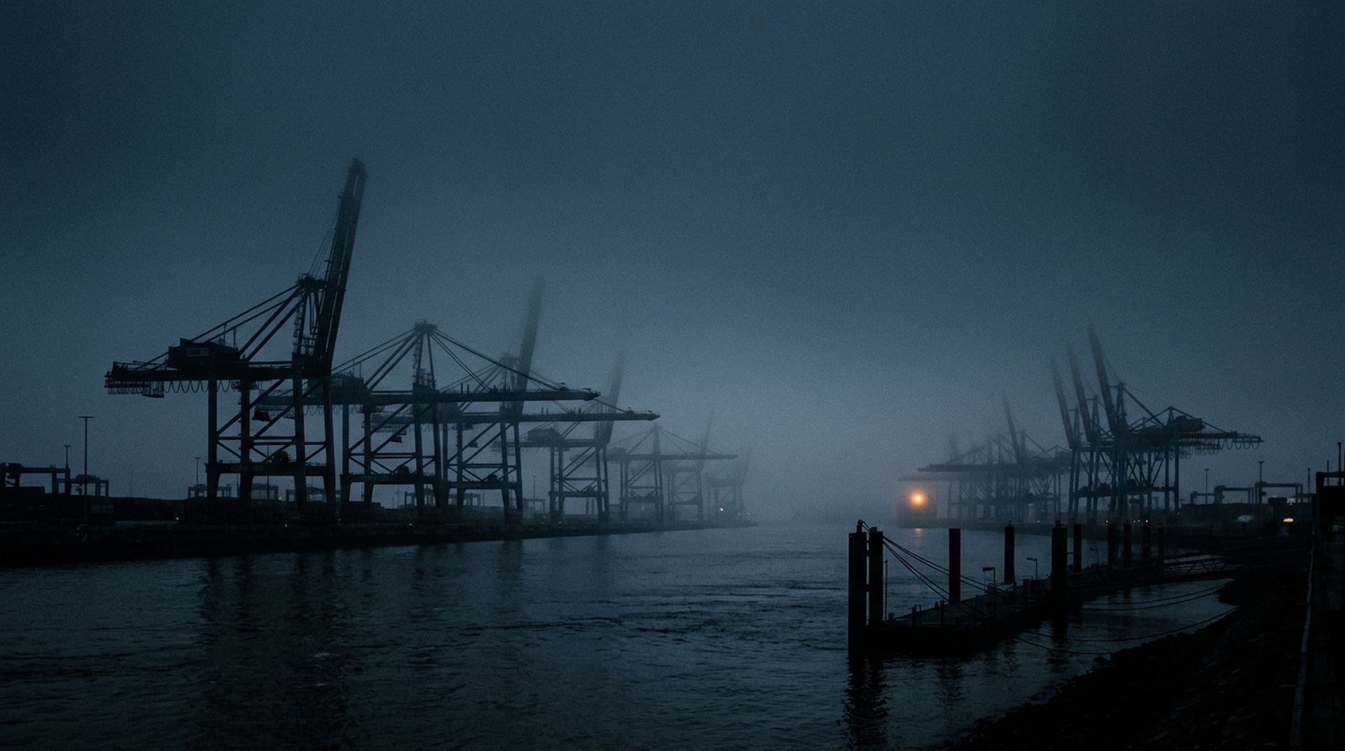 Container cranes in the Port of Hamburg in fog at blue hour
