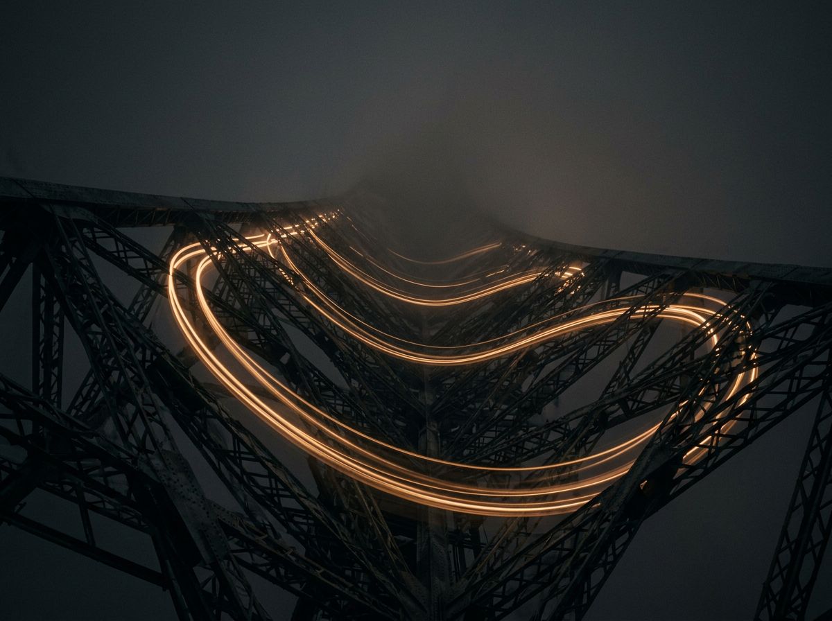 Long exposure: warm light trails through a dark steel structure